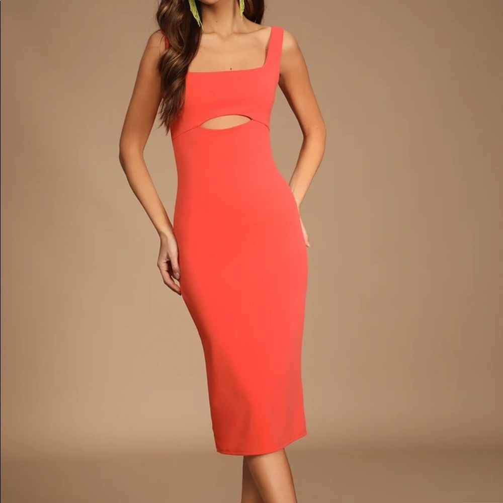 SOLD OUT ONLINE Date night dream bright coral bodycon midi dress